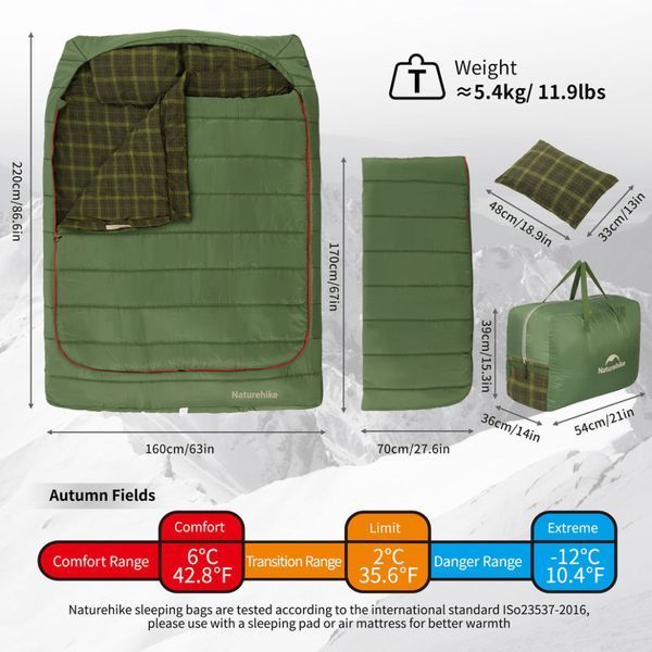 Спальний мішок двомісний із подушками Naturehike CNK2350WS019, зелений 6975641882411 фото