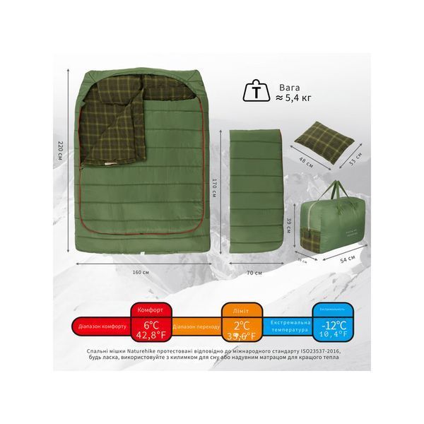 Спальний мішок двомісний із подушками Naturehike CNK2350WS019, зелений 6975641882411 фото