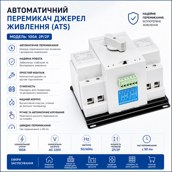 Автоматичний трансферний вимикач (АВР) АС TOMZN TOQ3-63/2P 63А 220V (2 входи, 2 виходи) авт.56 фото