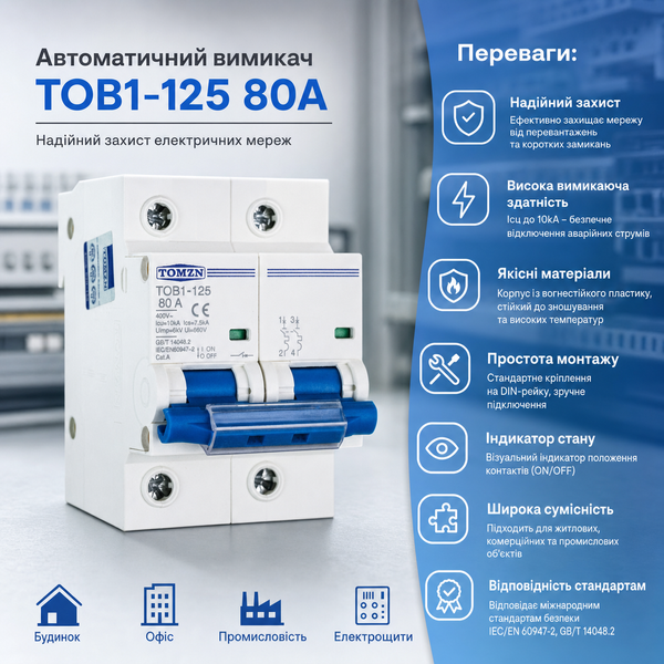 Автоматический выключатель AC TOMZN TOB1Z-125 80A 1000V авт.44 фото