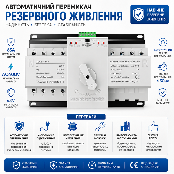 Автоматичний трансферний вимикач (АВР) АС TOMZN TOQ3-63/4P 4P 63А (2 входи, 1 вихід) авт.59 фото