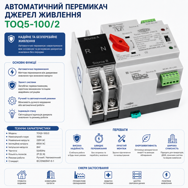 Автоматический трансферный выключатель (АВР) АС TOMZN TOQ5-100/2 2P 100A 220V авт.50 фото