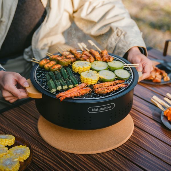 Настільна кругла піч із решіткою гриль та сковорідкою Naturehike CNK2550CF010, 36*32.6*12 см, хромоване залізо 6977465869418 фото