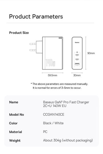 Зарядний пристрій Baseus GaN5 Pro Fast Charger 2C+U 140W (CCGP050102) CCGP050102 фото