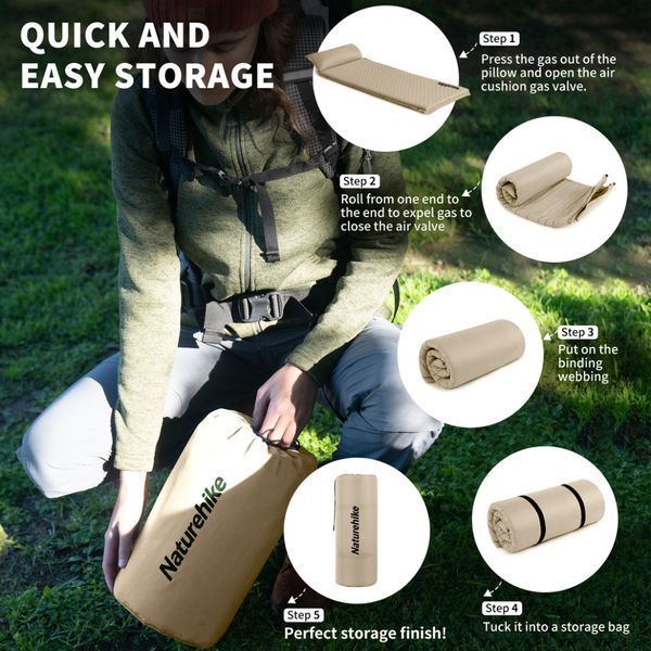 Матрац з подушкою ортопедичний одномісний Naturehike CNK2450WS020, самонадувний, 200х63х10 см, бежевий 6927595712719 фото