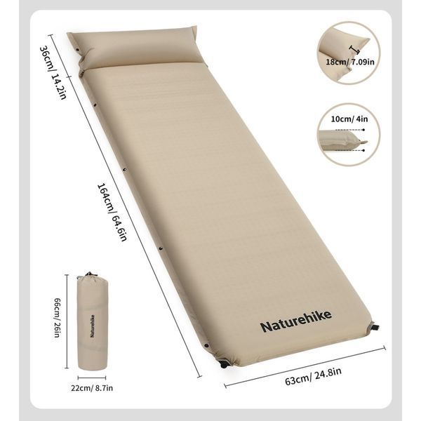 Матрац з подушкою ортопедичний одномісний Naturehike CNK2450WS020, самонадувний, 200х63х10 см, бежевий 6927595712719 фото