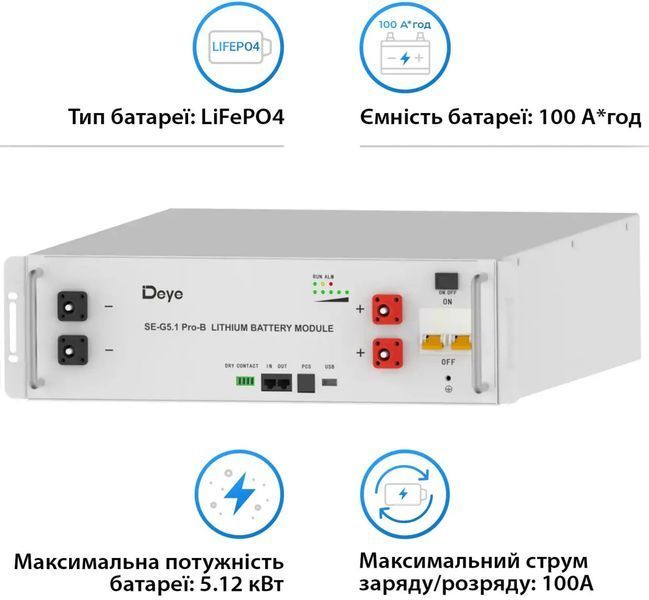 Акумуляторна батарея Deye SE-G5.1Pro-B, 51.2V, 100Ah, LiFePO4, 5.12 kWh акум.1 фото
