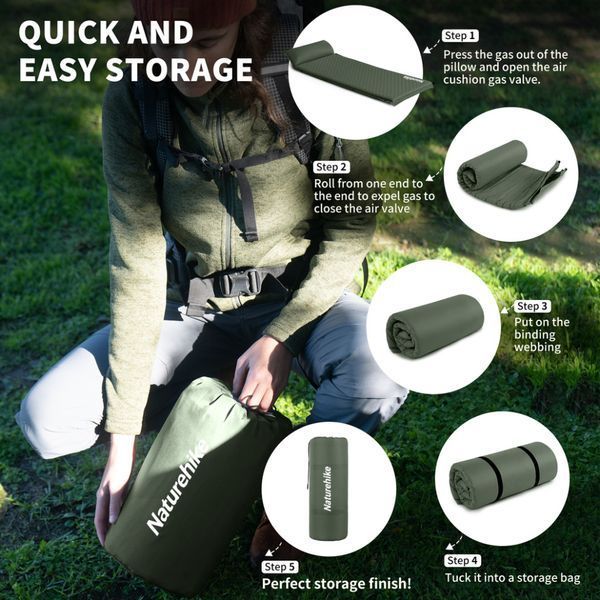 Матрац з подушкою ортопедичний одномісний Naturehike CNK2450WS020, самонадувний, 200х63х10 см, темно-зелений 6927595712733 фото