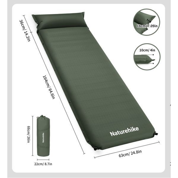Матрац з подушкою ортопедичний одномісний Naturehike CNK2450WS020, самонадувний, 200х63х10 см, темно-зелений 6927595712733 фото