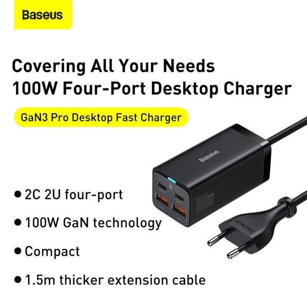 Мережевий зарядний пристрій Baseus GaN3 Pro Desktop Fast Charger 2U+2C 100W Black (CCGP000101) CCGP000101 фото