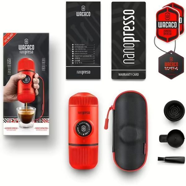 Портативна еспресо-кавоварка Wacaco Nanopresso червона з чохлом, механічна, для меленої кави WNANORED фото