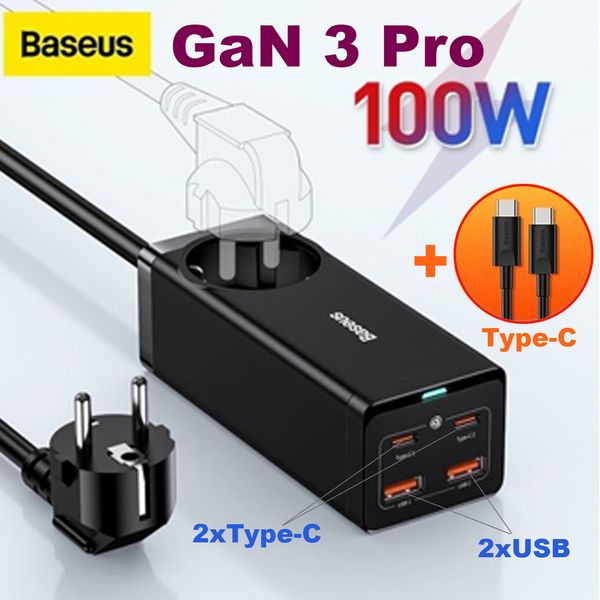 Мережевий зарядний пристрій Baseus GaN3 Pro 100W з розеткою + кабель Type-C 100W (CCGAN100-1ACE) CCGAN100-1ACE фото