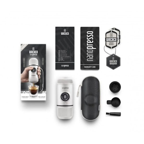 Портативна еспресо-кавоварка Wacaco Nanopresso біла з чохлом, механічна, для меленої кави WNANOWH фото