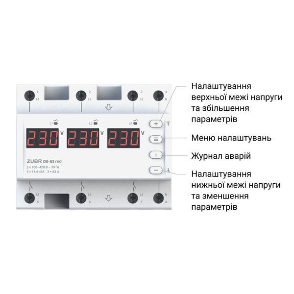 Реле напряжения AC ZUBR D6-40 red 3Р 40A 220V ZUBR D6-40 red фото
