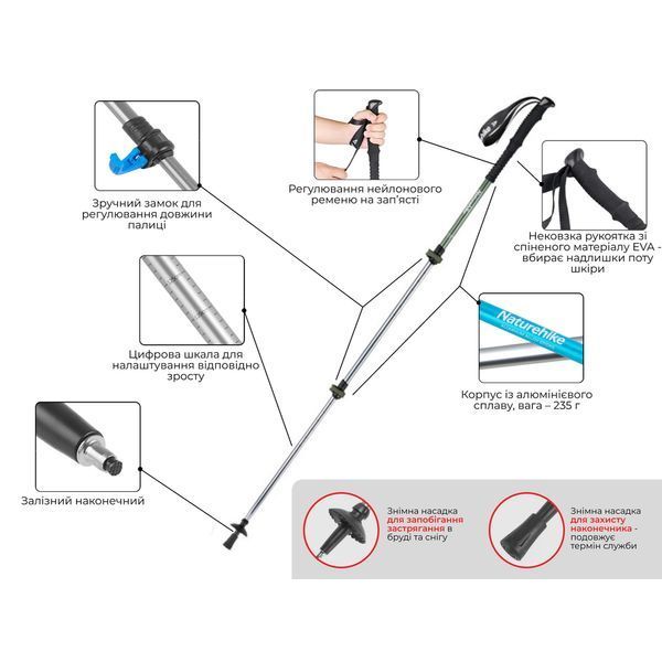 Трекинговая палка телескопическая для походов и спортивной ходьбы Naturehike Men ST 01 6061 AL NH17D001-Z алюминий Зеленая 6975641885634 фото