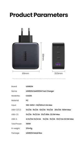 Быстрое сетевое зарядное устройство Ugreen GaN Fast Charger 100W 3 Type-C + USB Type A PD 3.0 QC4.0 Black CD226 фото