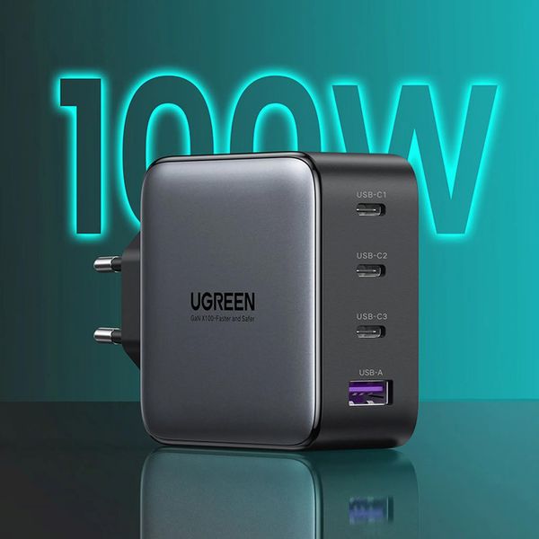 Швидкий мережевий зарядний пристрій Ugreen GaN Fast Charger 100W Type-C + USB Type A PD 3.0 QC4.0 Black CD226 фото