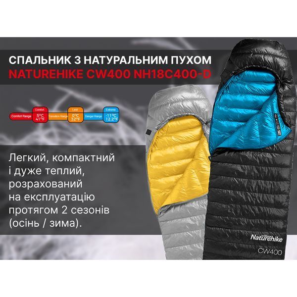Спальник з натуральним пухом Naturehike CW400 NH18C400-D, p-р L, чорно-блакитний 6927595794548 фото