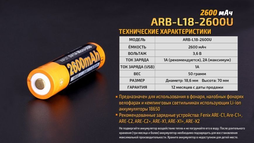Аккумулятор 18650 Fenix ​​(2600 mAh) micro usb зарядка ARB-L18-2600U фото