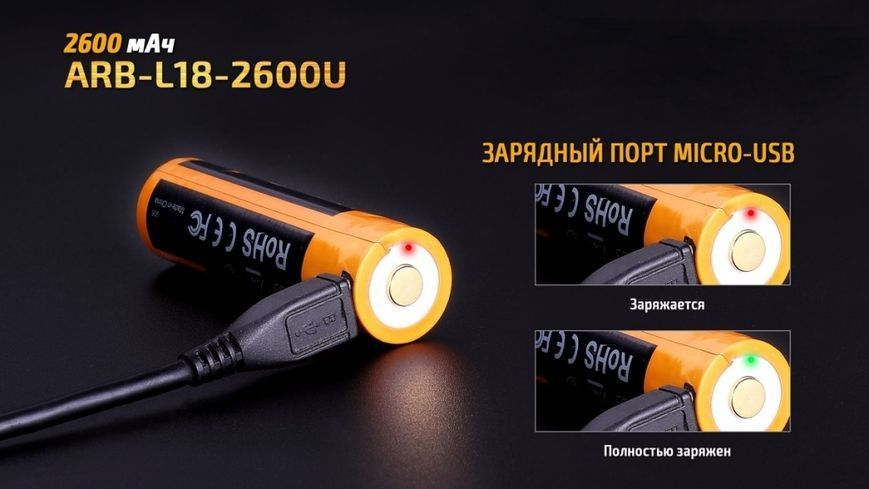 Аккумулятор 18650 Fenix ​​(2600 mAh) micro usb зарядка ARB-L18-2600U фото