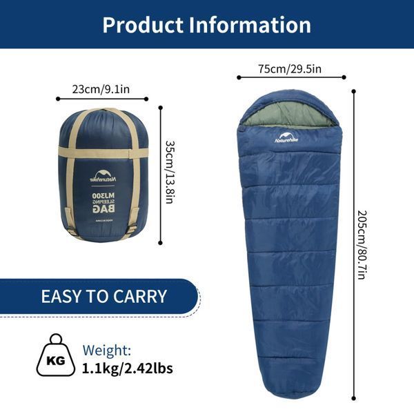 Спальник с капюшоном Naturehike MJ300 CNK2300SD014, темно-голубой 6976023923081 фото