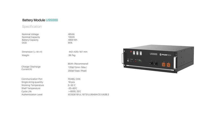 Комплект: Сетевой инвертор Deye SUN-5K-SG03LP1-EU + Аккумуляторная батарея Pylontech US5000 48В, 4.8 кВт/ч SUN-5K-SG03LP1-EUUS5000 фото