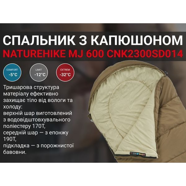 Спальник с капюшоном Naturehike MJ 600 CNK2300SD014, коричневый 6976023923098 фото