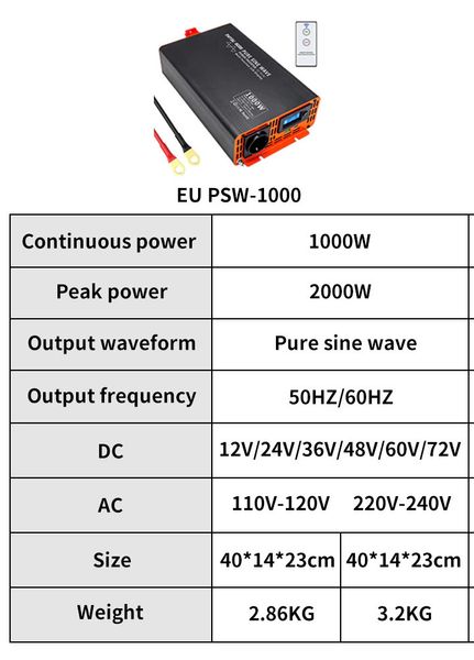 DATOU BOSS-1000W інвертор чистої синусоїдальної хвилі (дистанційне керування) 220V DU1000 фото