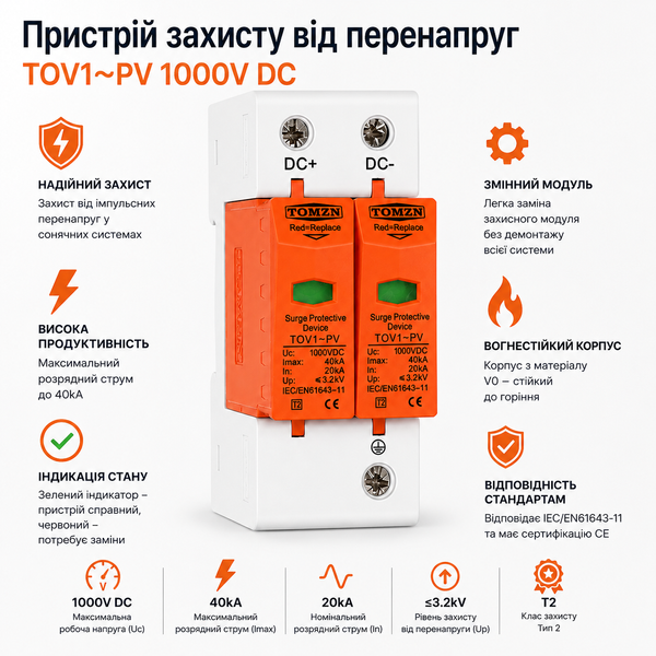Пристрій захисту від перенапруги DС TOMZN TOV1-PV 2Р 1000V бл-з.9 фото
