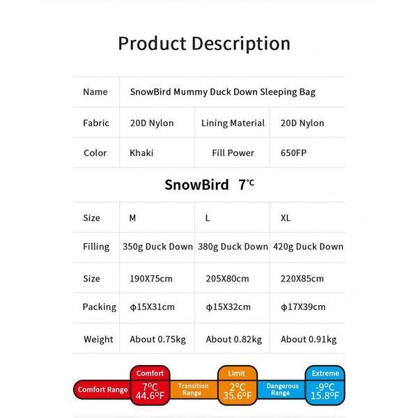Спальник с натуральным пухом Naturehike Snowbird NH20YD001, р-р L, коричневый 380 г 6927595761281 фото