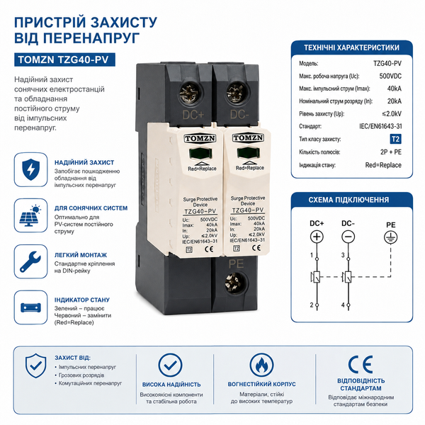 Устройство защиты от перенапряжения DC TOMZN TZG40-PV DW 2Р 500V бл-з.10 фото