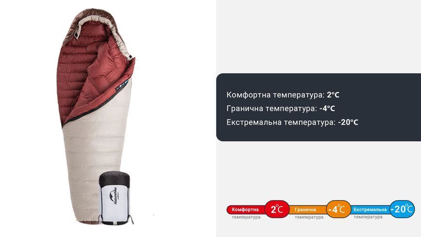 Спальник з натуральним пухом Naturehike Snowbird NH20YD001,p-р L, коричневий 560 г 6927595761298 фото