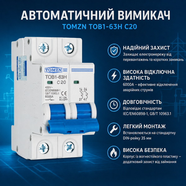 Автоматический выключатель АС TOMZN TOB1-63H 2Р 20А 400V авт.31 фото